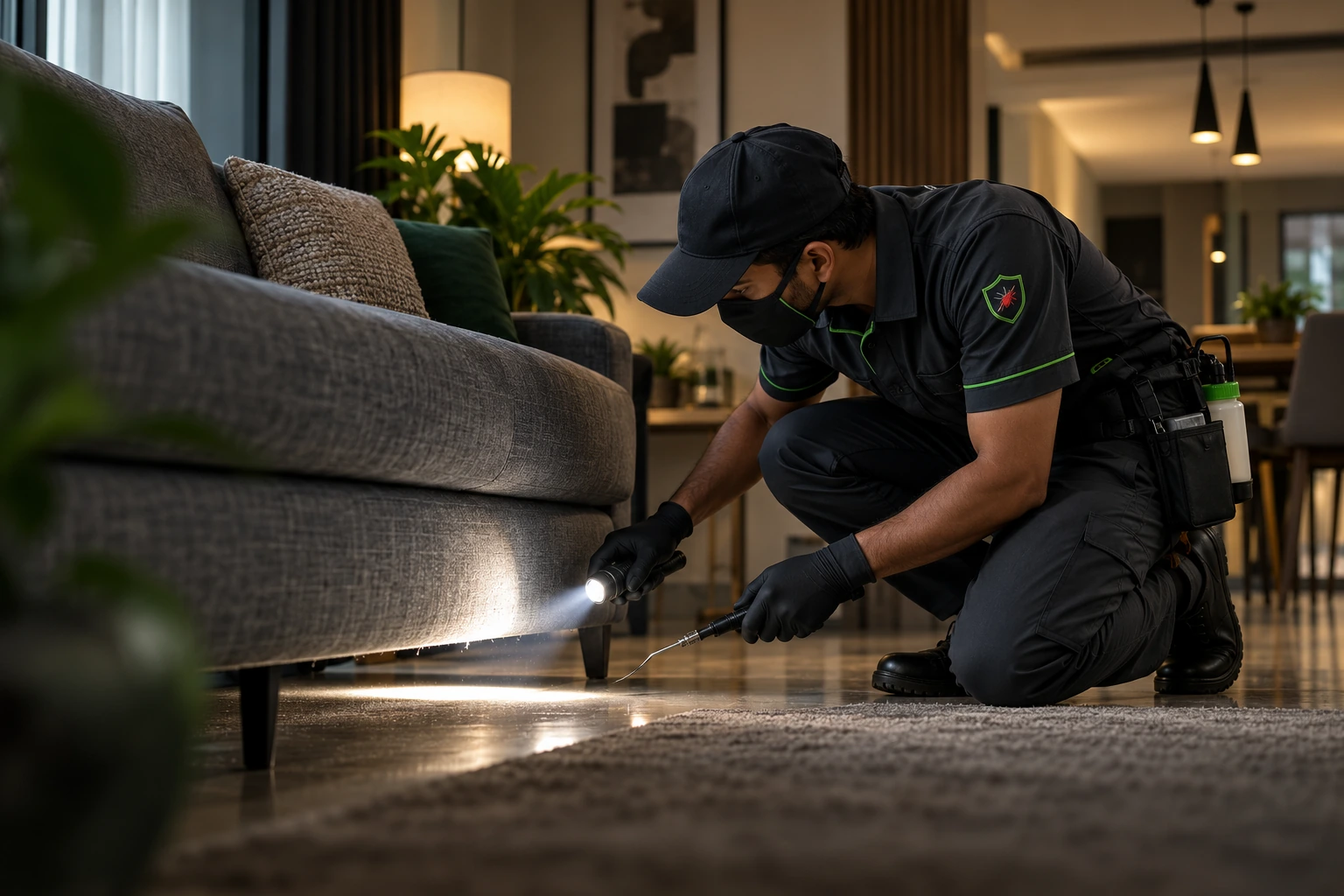 HYD PEST CARE technician inspecting for pests